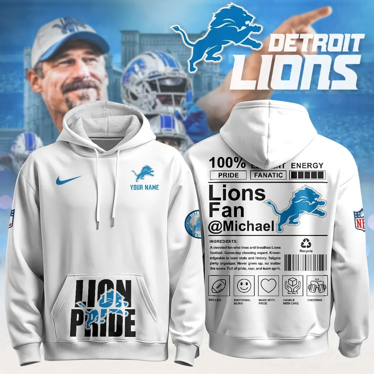 Detroit Lions Nike Pride Custom Limited Pullover Hoodie - Powder Blue - Image 2