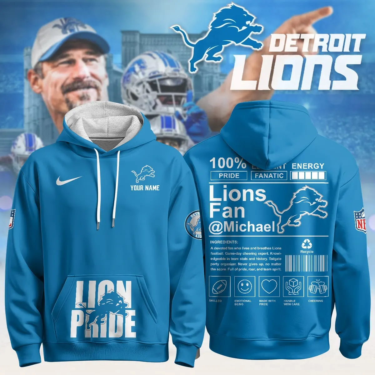 Detroit Lions Nike Pride Custom Limited Pullover Hoodie - Powder Blue