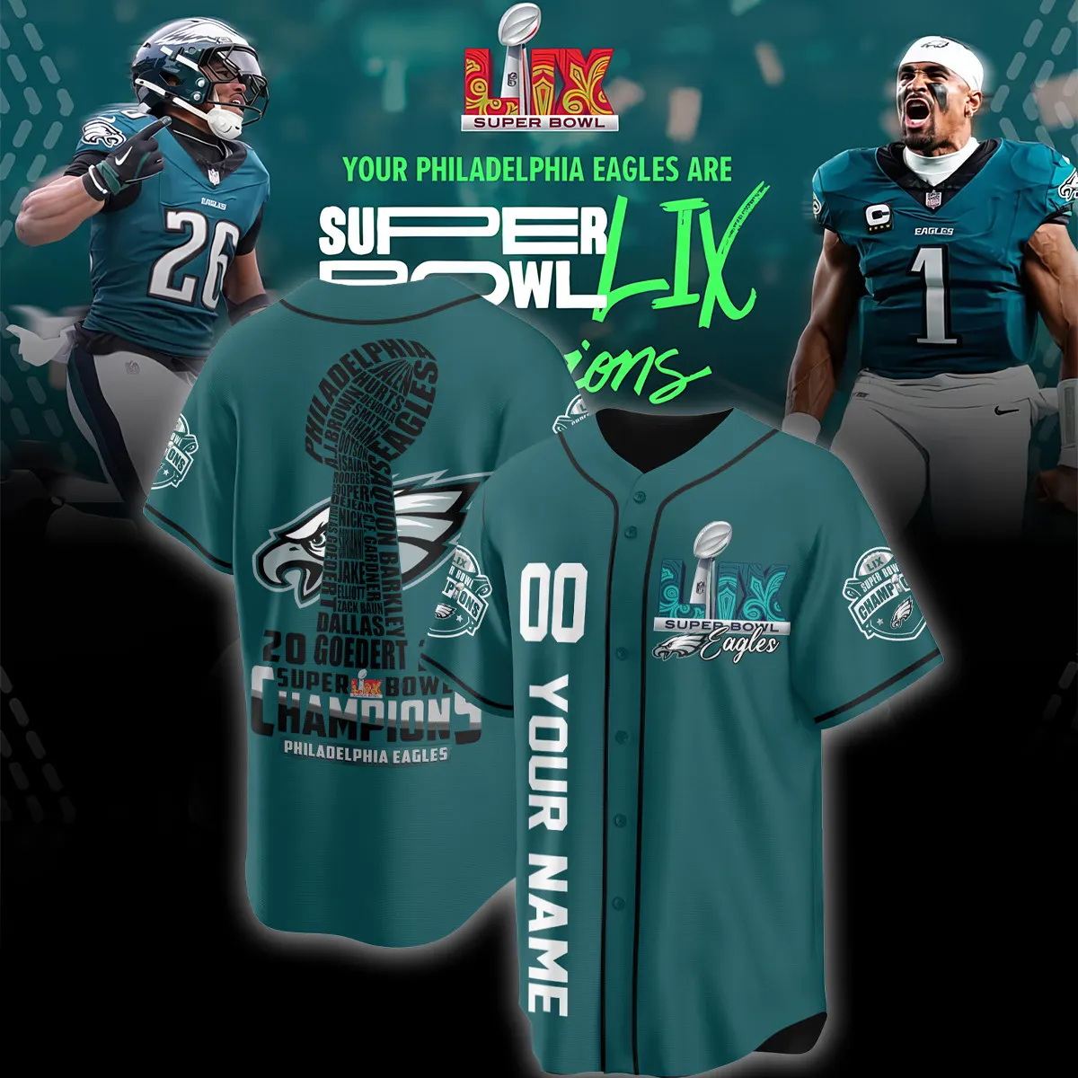 Philadelphia Eagles Nike Super Bowl LIX Champions Custom Limited Jersey - Teal