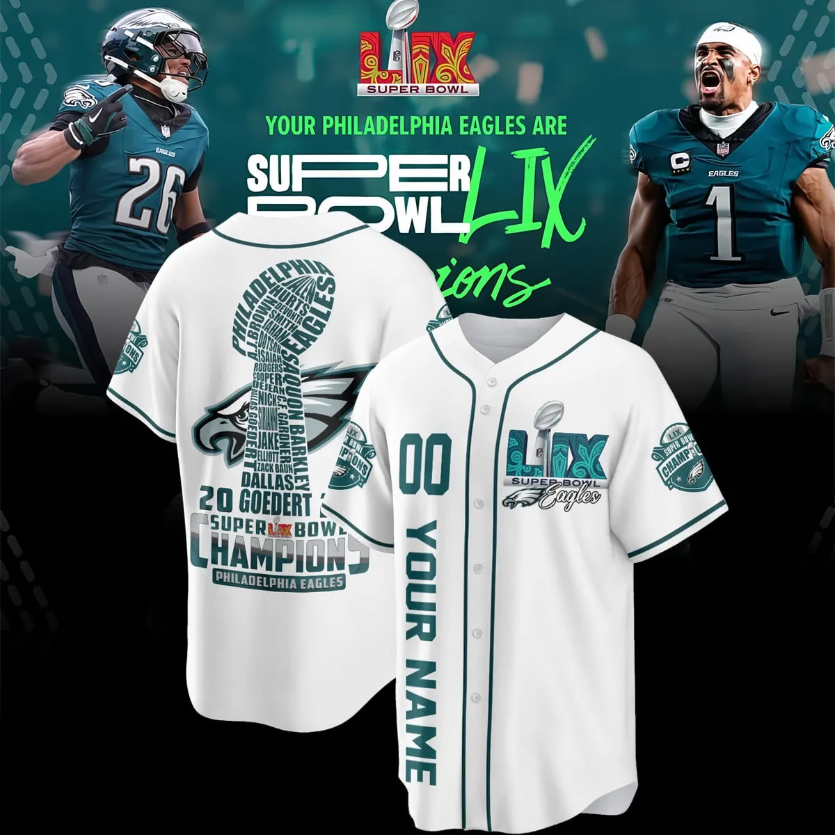 Philadelphia Eagles Nike Super Bowl LIX Champions Custom Limited Jersey - Teal - Image 2