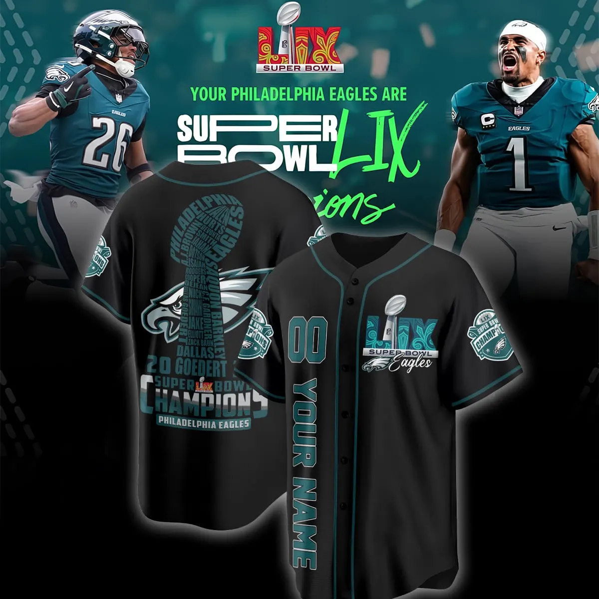 Philadelphia Eagles Nike Super Bowl LIX Champions Custom Limited Jersey - Teal - Image 3