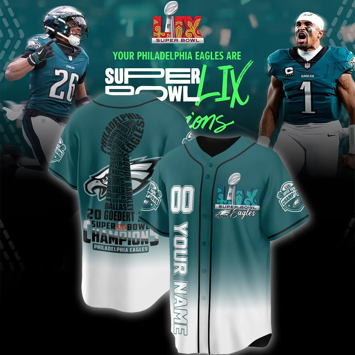 Philadelphia Eagles Nike Super Bowl LIX Champions Custom Limited Jersey - Teal - Image 4