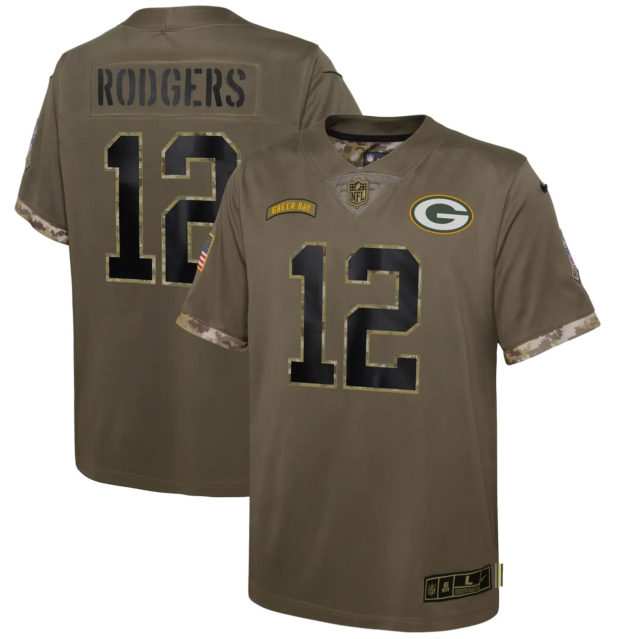 Aaron Rodgers Green Bay Packers Nike Youth 2022 Salute to Service Player Limited Jersey - Olive - Image 2