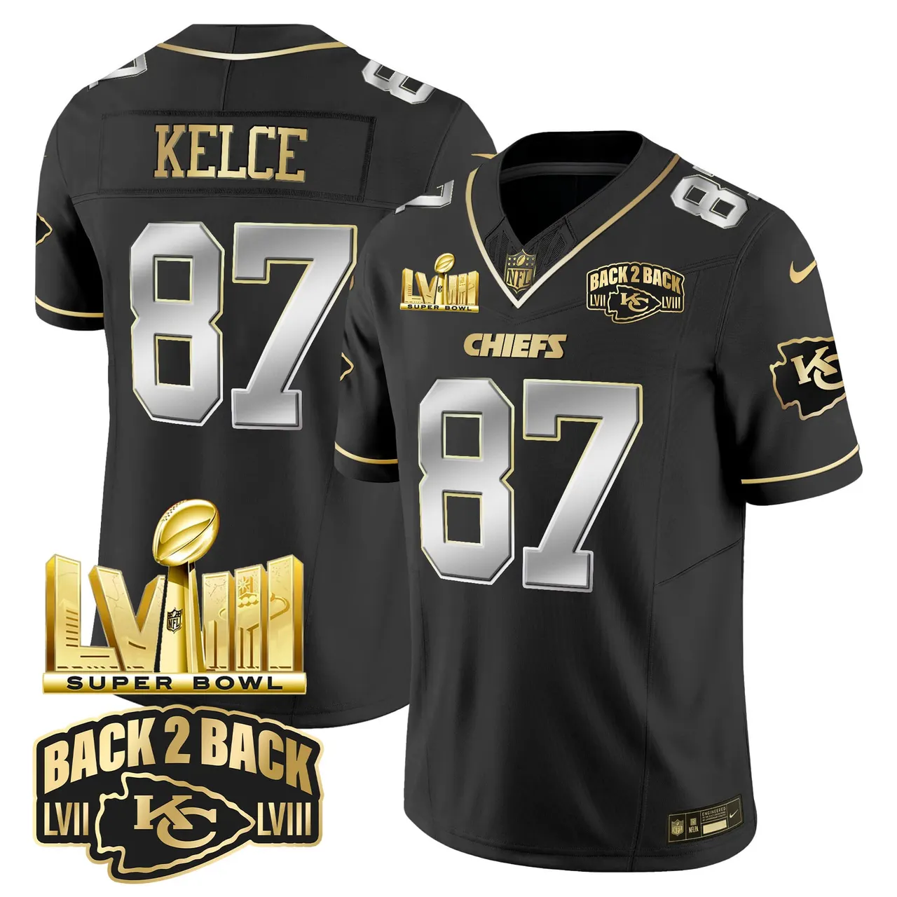 Kansas City Chiefs Nike Super Bowl LVIII Back 2 Back Gold Patch Vapor Stitched Jersey - Black - Image 2