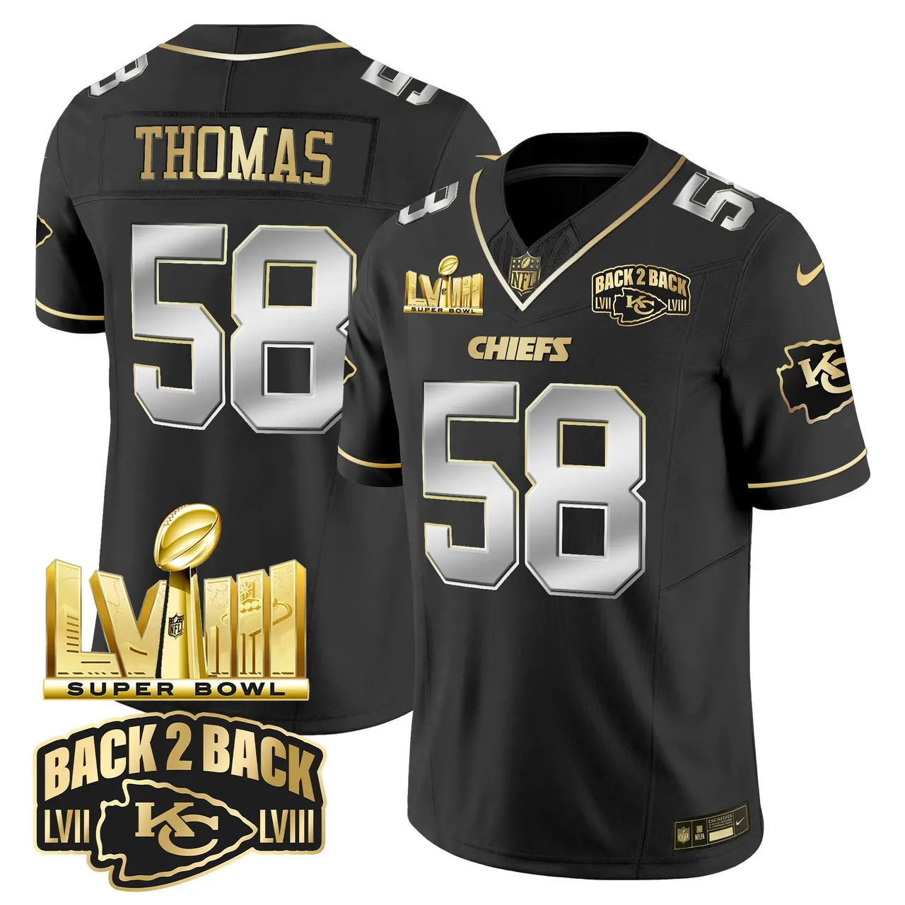 Kansas City Chiefs Nike Super Bowl LVIII Back 2 Back Gold Patch Vapor Stitched Jersey - Black - Image 3