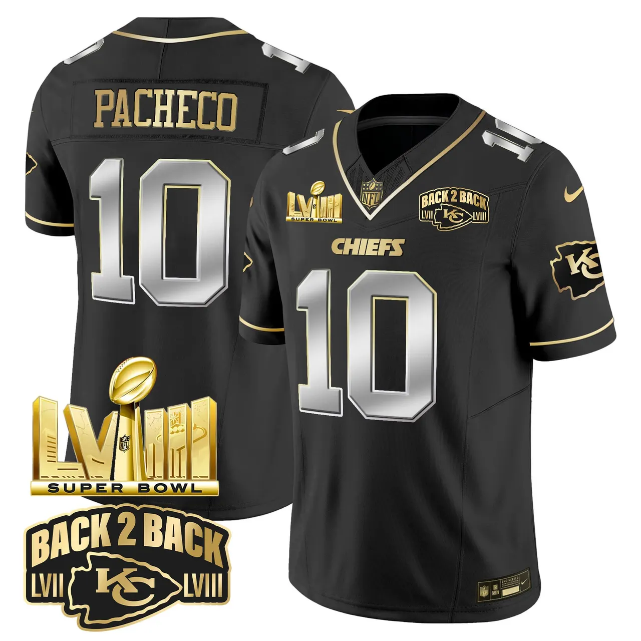 Kansas City Chiefs Nike Super Bowl LVIII Back 2 Back Gold Patch Vapor Stitched Jersey - Black - Image 4