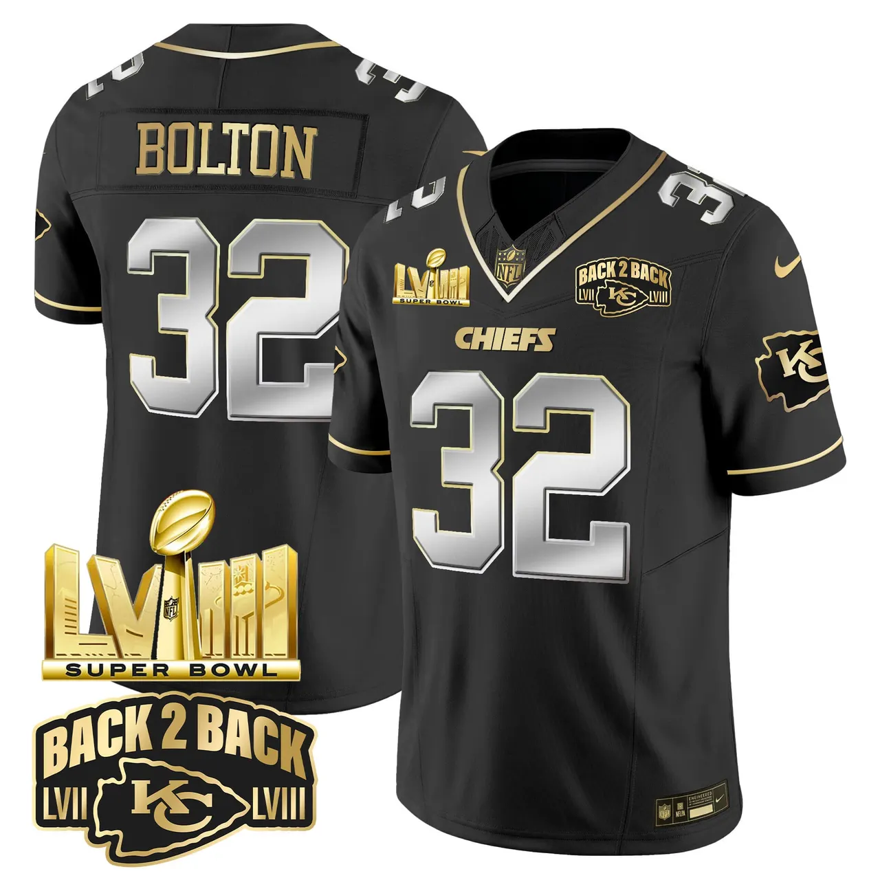 Kansas City Chiefs Nike Super Bowl LVIII Back 2 Back Gold Patch Vapor Stitched Jersey - Black - Image 6