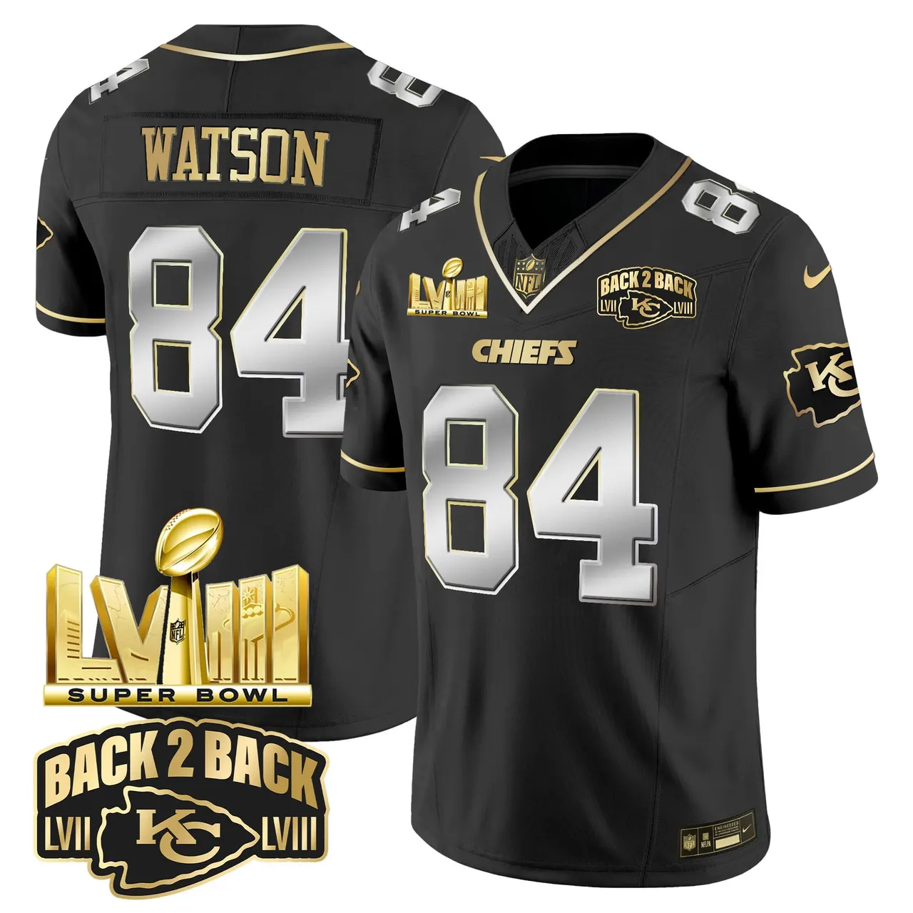 Kansas City Chiefs Nike Super Bowl LVIII Back 2 Back Gold Patch Vapor Stitched Jersey - Black - Image 5