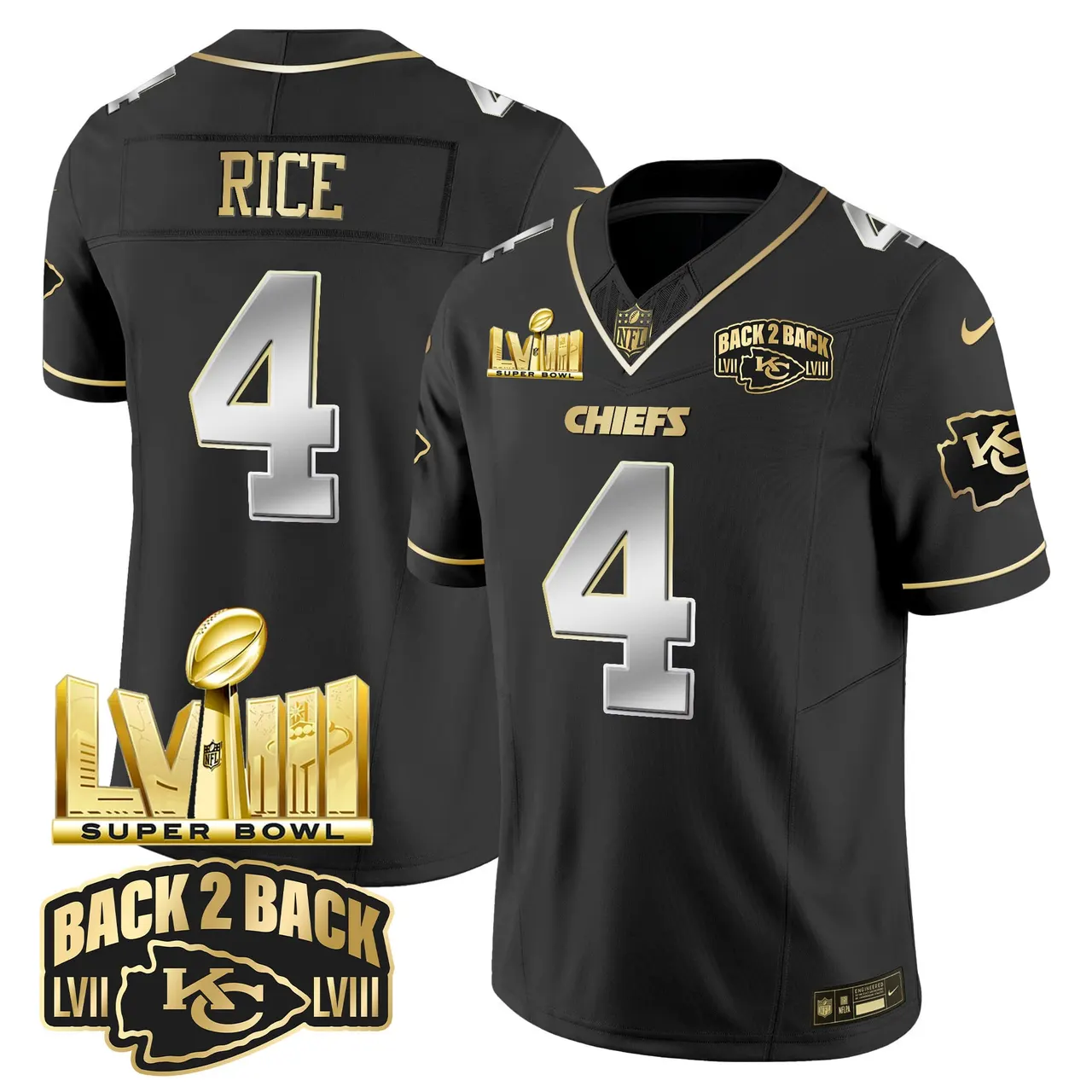 Kansas City Chiefs Nike Super Bowl LVIII Back 2 Back Gold Patch Vapor Stitched Jersey - Black - Image 7