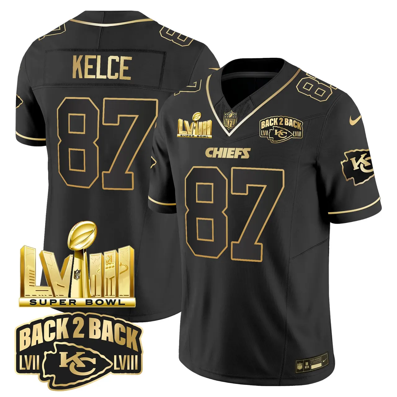 Kansas City Chiefs Nike Super Bowl LVIII Back 2 Back Gold Patch Vapor Stitched Jersey - Black - Image 9