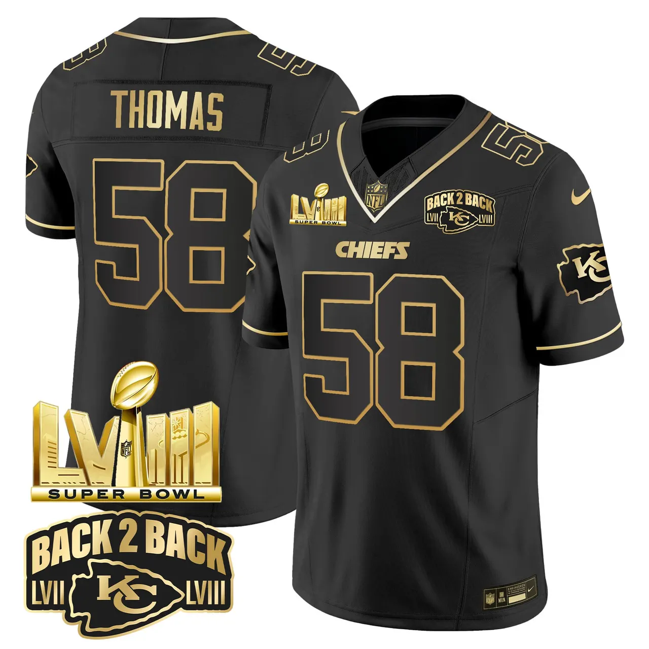 Kansas City Chiefs Nike Super Bowl LVIII Back 2 Back Gold Patch Vapor Stitched Jersey - Black - Image 10