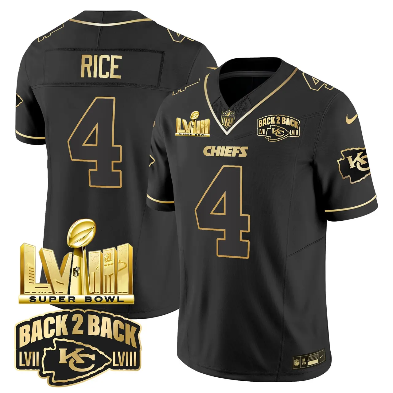 Kansas City Chiefs Nike Super Bowl LVIII Back 2 Back Gold Patch Vapor Stitched Jersey - Black - Image 14