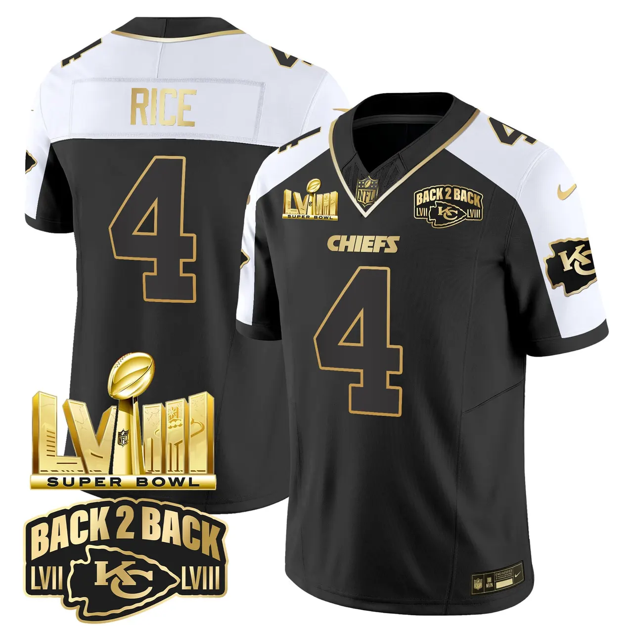 Kansas City Chiefs Nike Super Bowl LVIII Back 2 Back Gold Patch Vapor Stitched Jersey - Black - Image 28