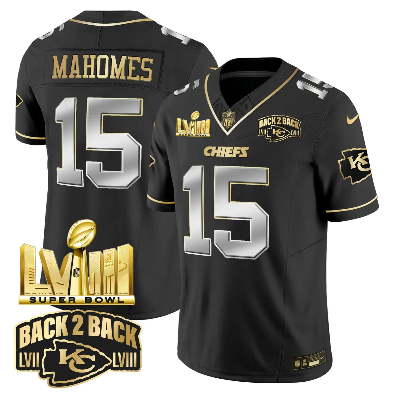 Kansas City Chiefs Nike Super Bowl LVIII Back 2 Back Gold Patch Vapor Stitched Jersey - Black