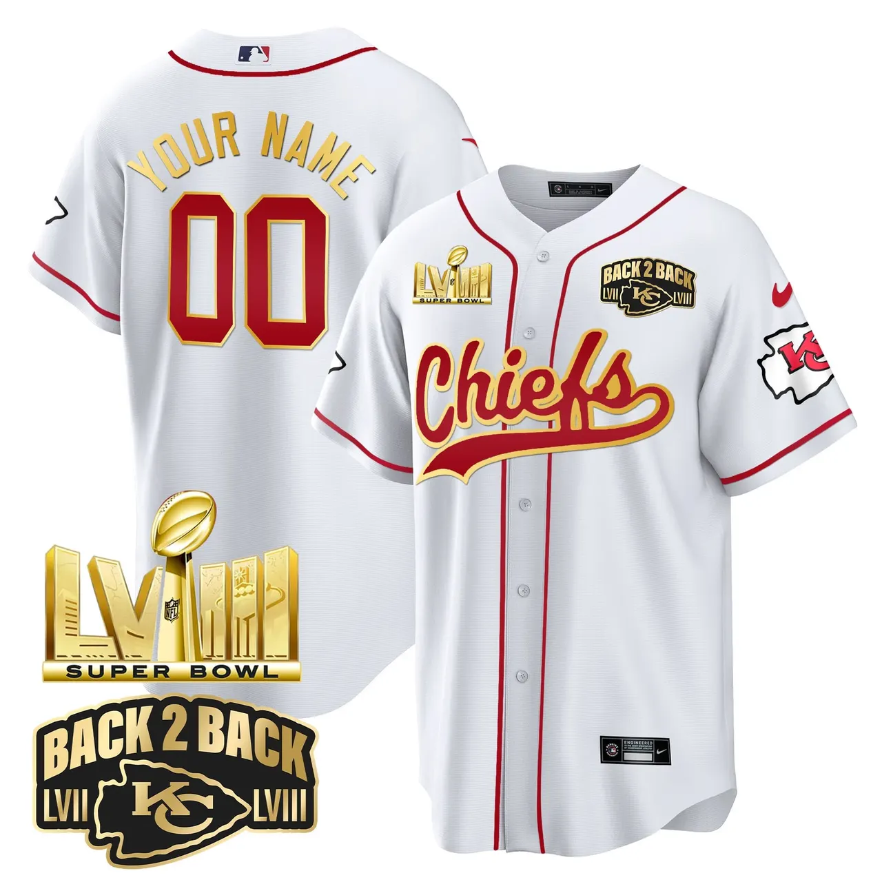 Kansas City Chiefs Nike Super Bowl LVIII Back 2 Back Gold Patch Custom Stitched Jersey - Red - Image 2
