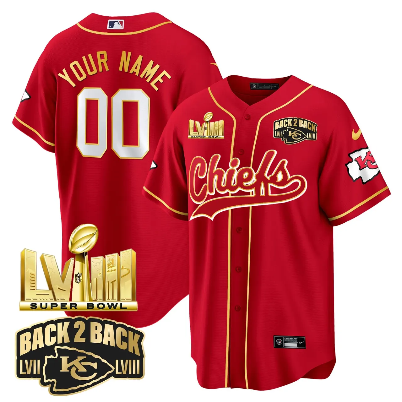 Kansas City Chiefs Nike Super Bowl LVIII Back 2 Back Gold Patch Custom Stitched Jersey - Red