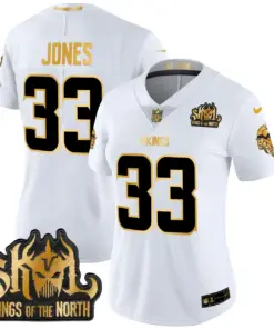 Justin Jefferson Minnesota Vikings Nike Women's 2024 Winter Warrior Skol Patch Gold Vapor Limited Stitched Jersey - White - Image 4