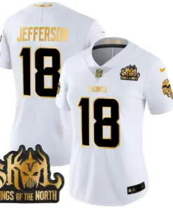 Justin Jefferson Minnesota Vikings Nike Women's 2024 Winter Warrior Skol Patch Gold Vapor Limited Stitched Jersey - White