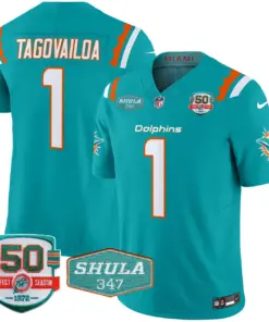 Tua Tagovailoa Miami Dolphins Nike 50th & Don Shula 347 Memorial Patch Vapor Limited Stitched Jersey - Aqua