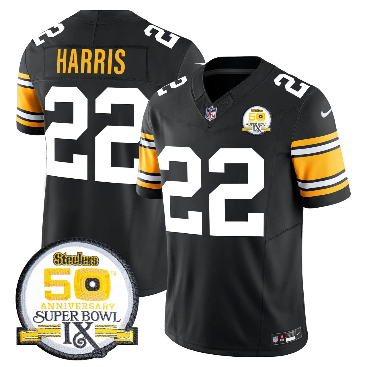 Sawyer Pittsburgh Steelers Nike 50th Anniversary Super Bowl IX Patch Vapor Limited Stitched Jersey - Black - Image 5