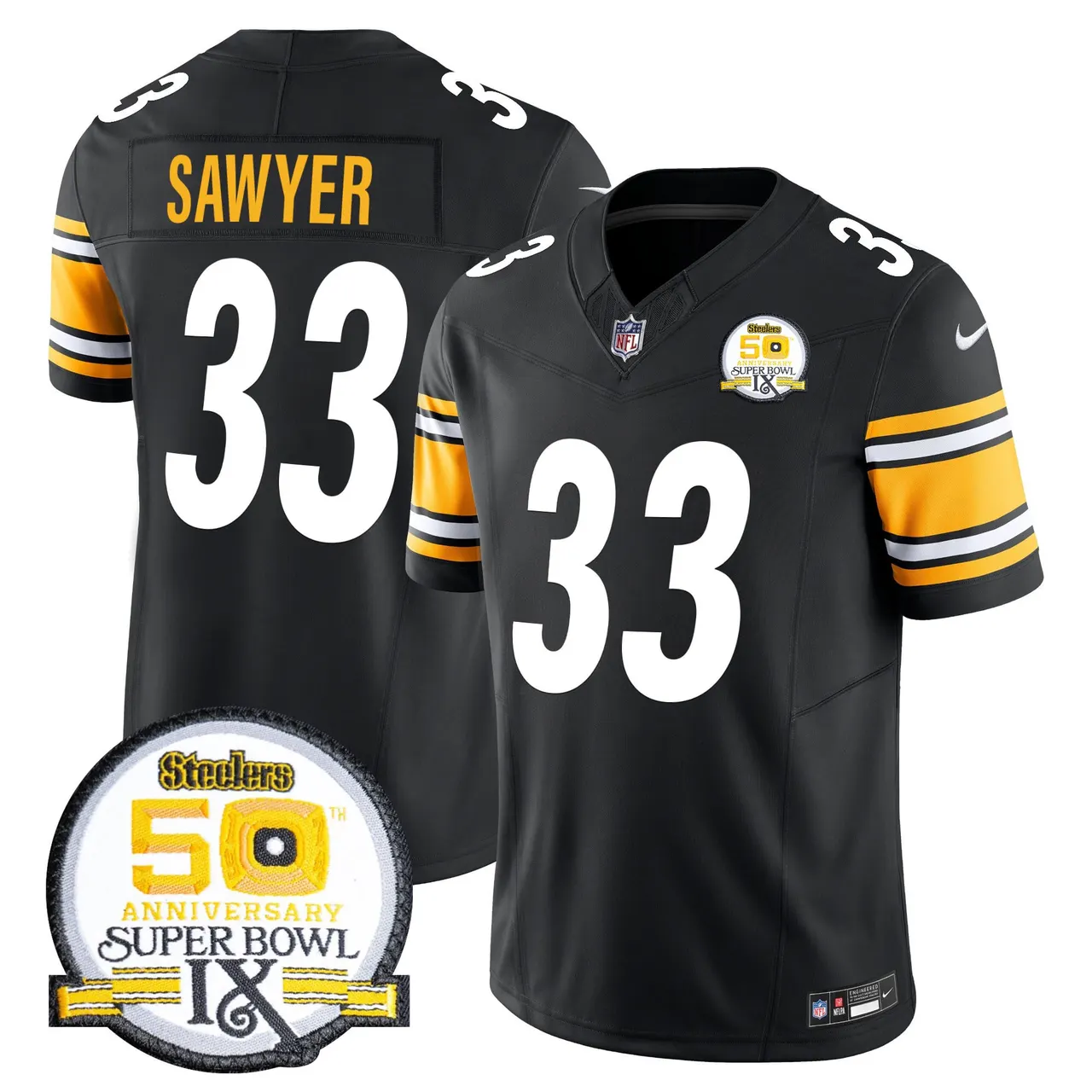 Sawyer Pittsburgh Steelers Nike 50th Anniversary Super Bowl IX Patch Vapor Limited Stitched Jersey - Black - Image 21