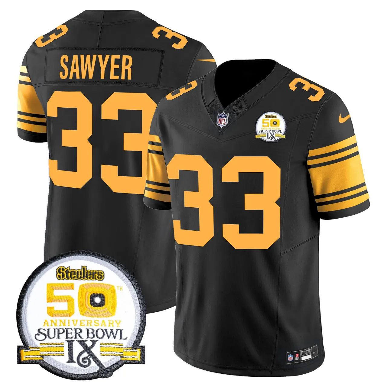 Sawyer Pittsburgh Steelers Nike 50th Anniversary Super Bowl IX Patch Vapor Limited Stitched Jersey - Black - Image 51