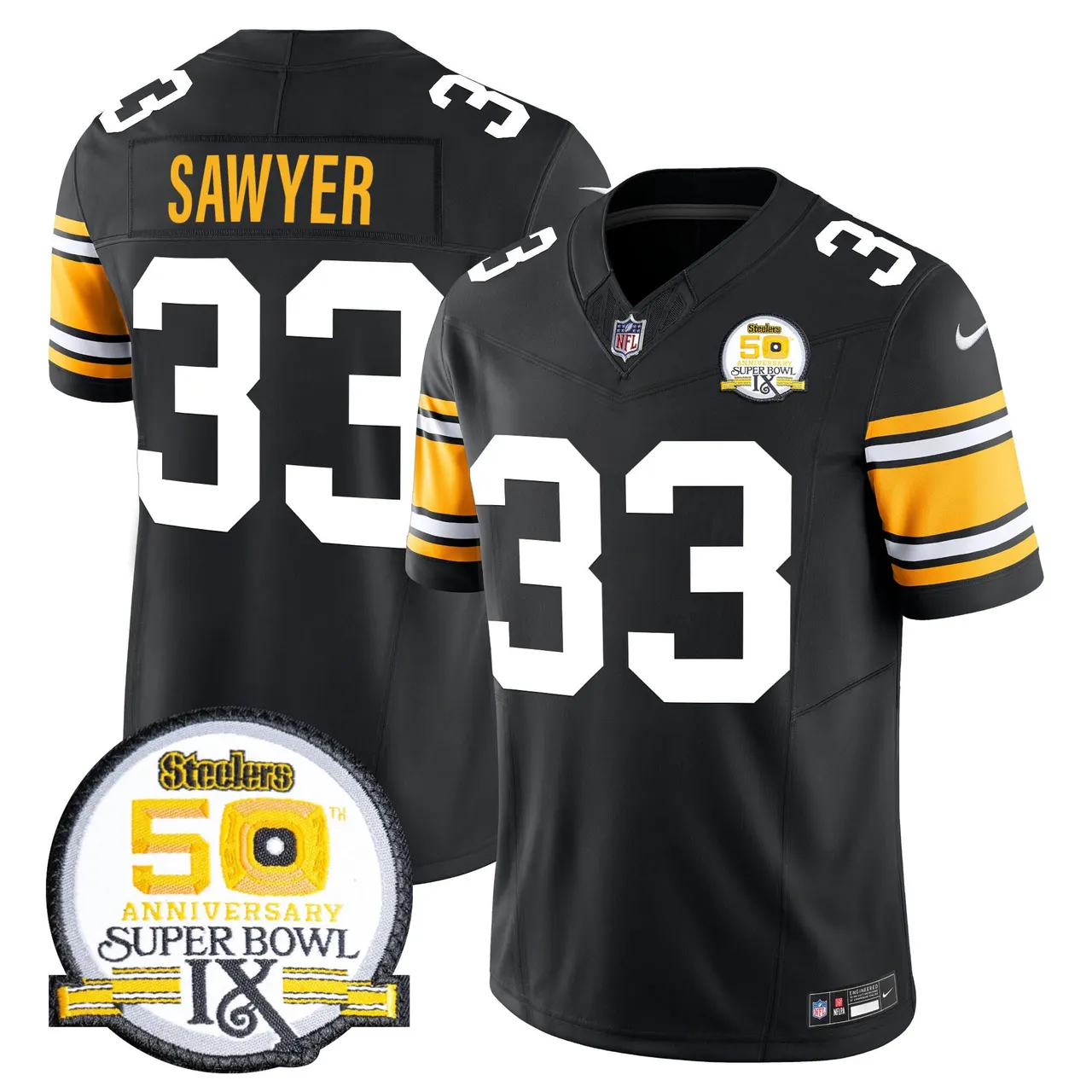 Sawyer Pittsburgh Steelers Nike 50th Anniversary Super Bowl IX Patch Vapor Limited Stitched Jersey - Black