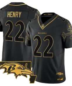 Derrick Henry Baltimore Ravens Nike Maryland Flag Map Patch Gold Vapor Limited Stitched Jersey - Black - Image 9
