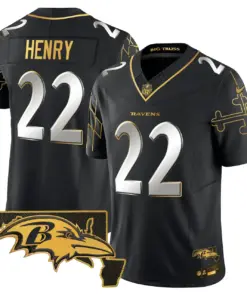 Derrick Henry Baltimore Ravens Nike Maryland Flag Map Patch Gold Vapor Limited Stitched Jersey - Black