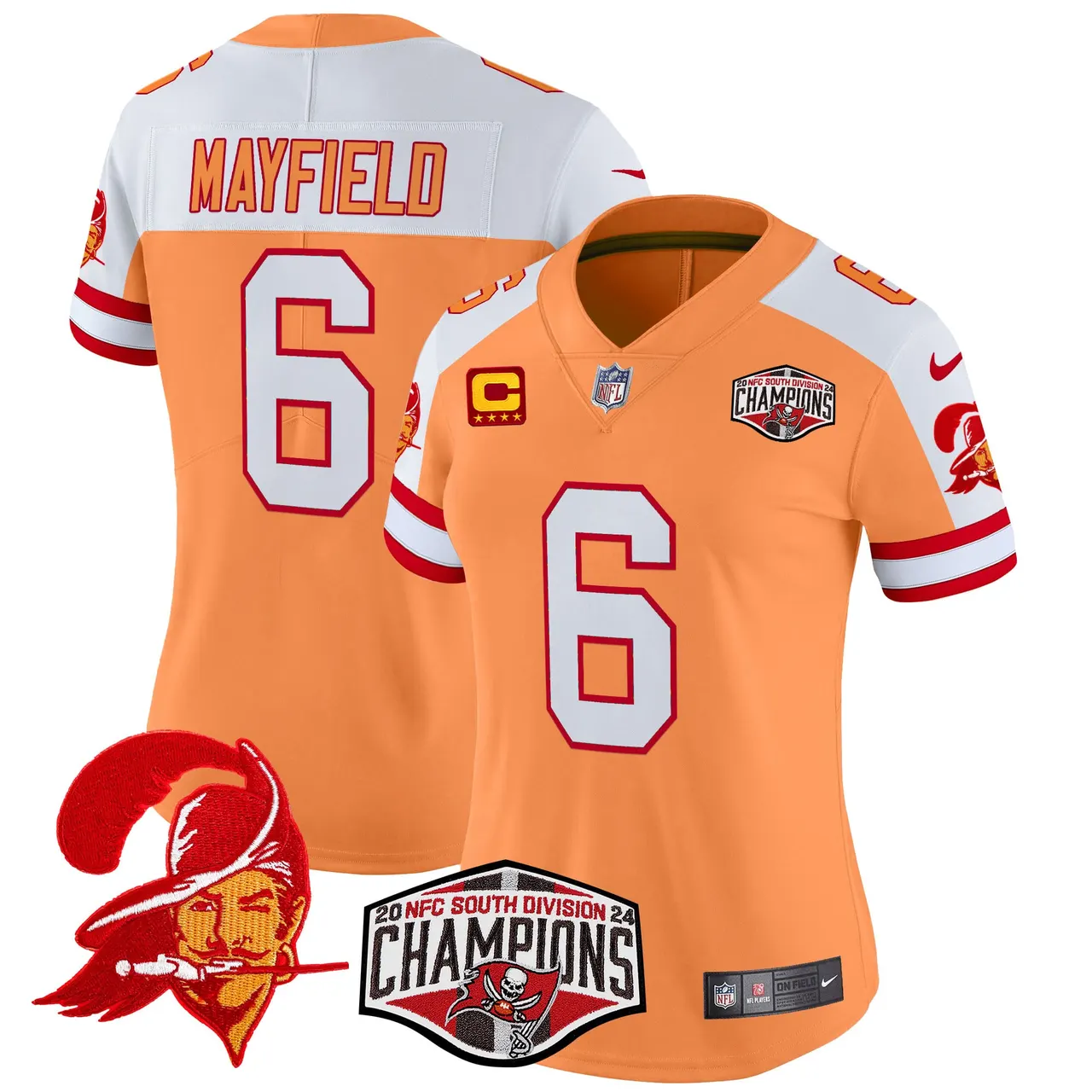 Baker Mayfield Tampa Bay Buccaneers Nike Women's 2024 NFC South Division Champions Patch Vapor Limited Stitched Jersey - Orange