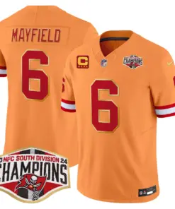 Baker Mayfield Tampa Bay Buccaneers Nike Gold Trim 2024 NFC South Division Champions Patch Vapor Limited Stitched Jersey - Orange - Image 15