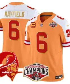 Baker Mayfield Tampa Bay Buccaneers Nike Gold Trim 2024 NFC South Division Champions Patch Vapor Limited Stitched Jersey - Orange