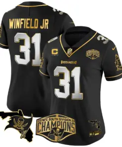 Baker Mayfield Tampa Bay Buccaneers Nike Women's 2024 NFC South Division Champions Patch Gold Vapor Limited Stitched Jersey - Black - Image 31