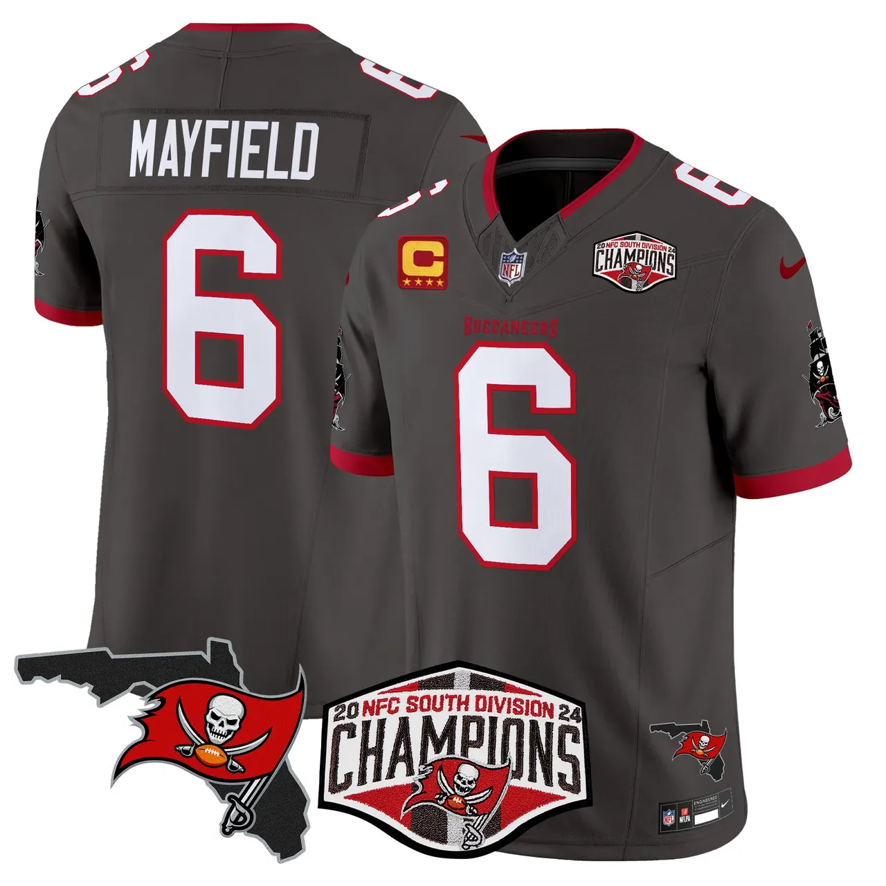 Baker Mayfield Tampa Bay Buccaneers Nike 2024 NFC South Division Champions Patch Vapor Limited Stitched Jersey - Anthracite - Image 29