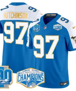 Aidan Hutchinson Detroit Lions Nike Gold Trim 2024 NFC North Division Champions Patch Vapor Limited Stitched Jersey - Royal Blue - Image 19