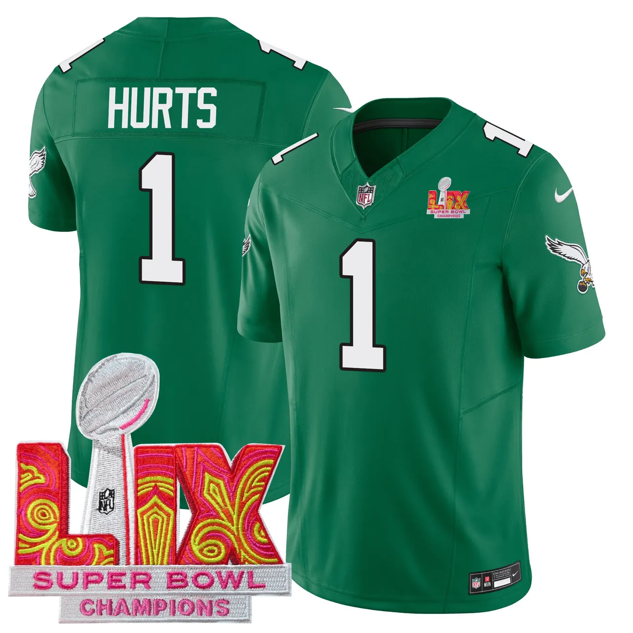 Philadelphia Eagles Nike Super Bowl LIX Champions Patch Stitched Jersey All Stiched - Kelly Green - Image 2