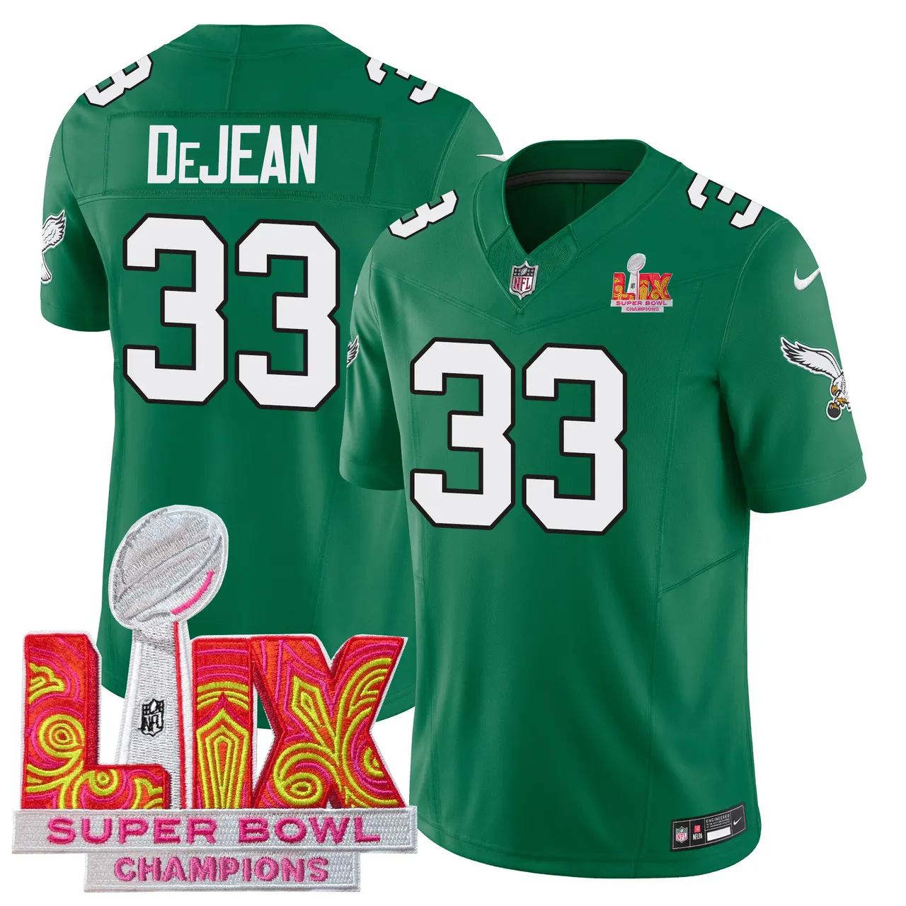 Philadelphia Eagles Nike Super Bowl LIX Champions Patch Stitched Jersey All Stiched - Kelly Green - Image 14