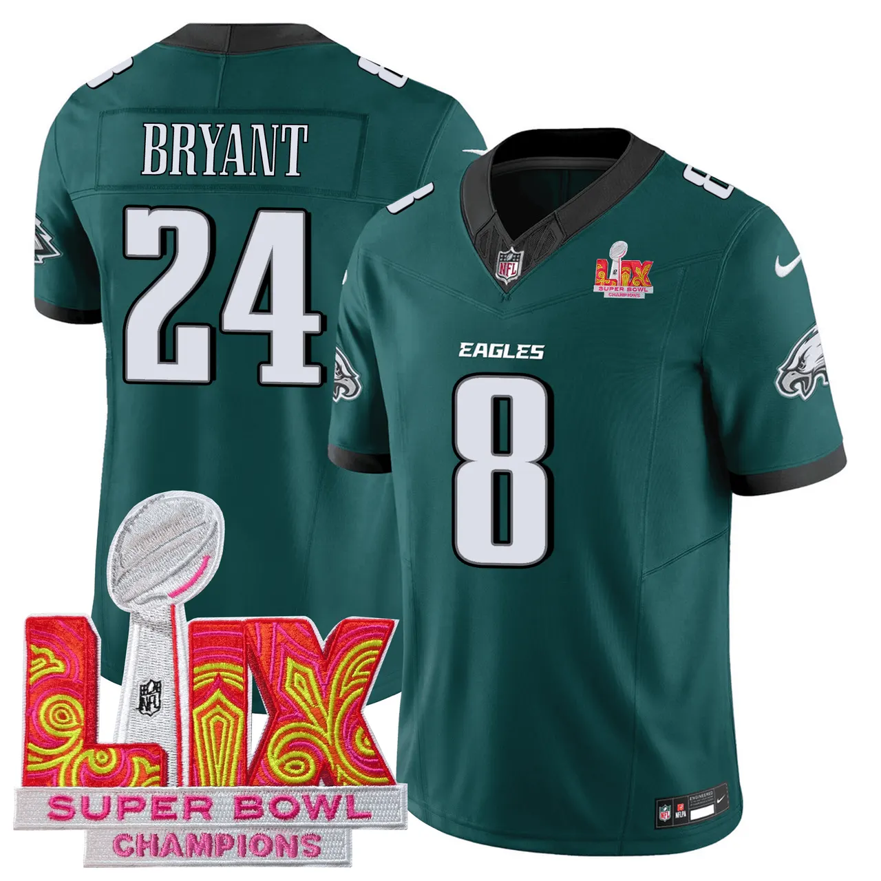 Philadelphia Eagles Nike Super Bowl LIX Champions Patch Stitched Jersey All Stiched - Kelly Green - Image 17