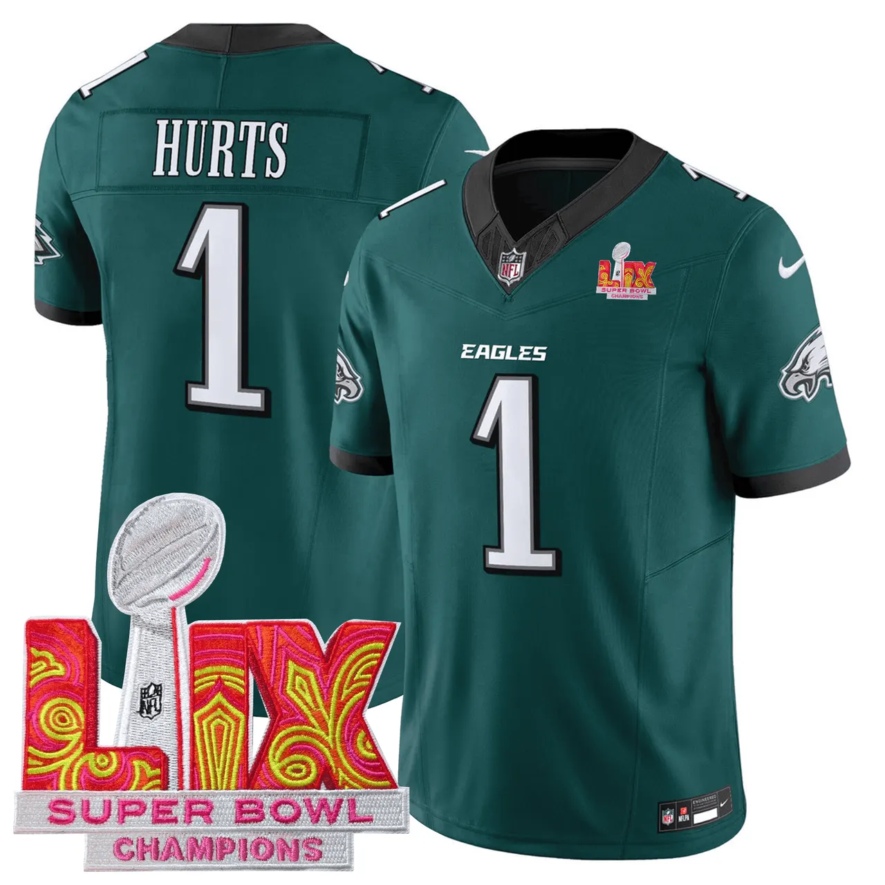 Philadelphia Eagles Nike Super Bowl LIX Champions Patch Stitched Jersey All Stiched - Kelly Green