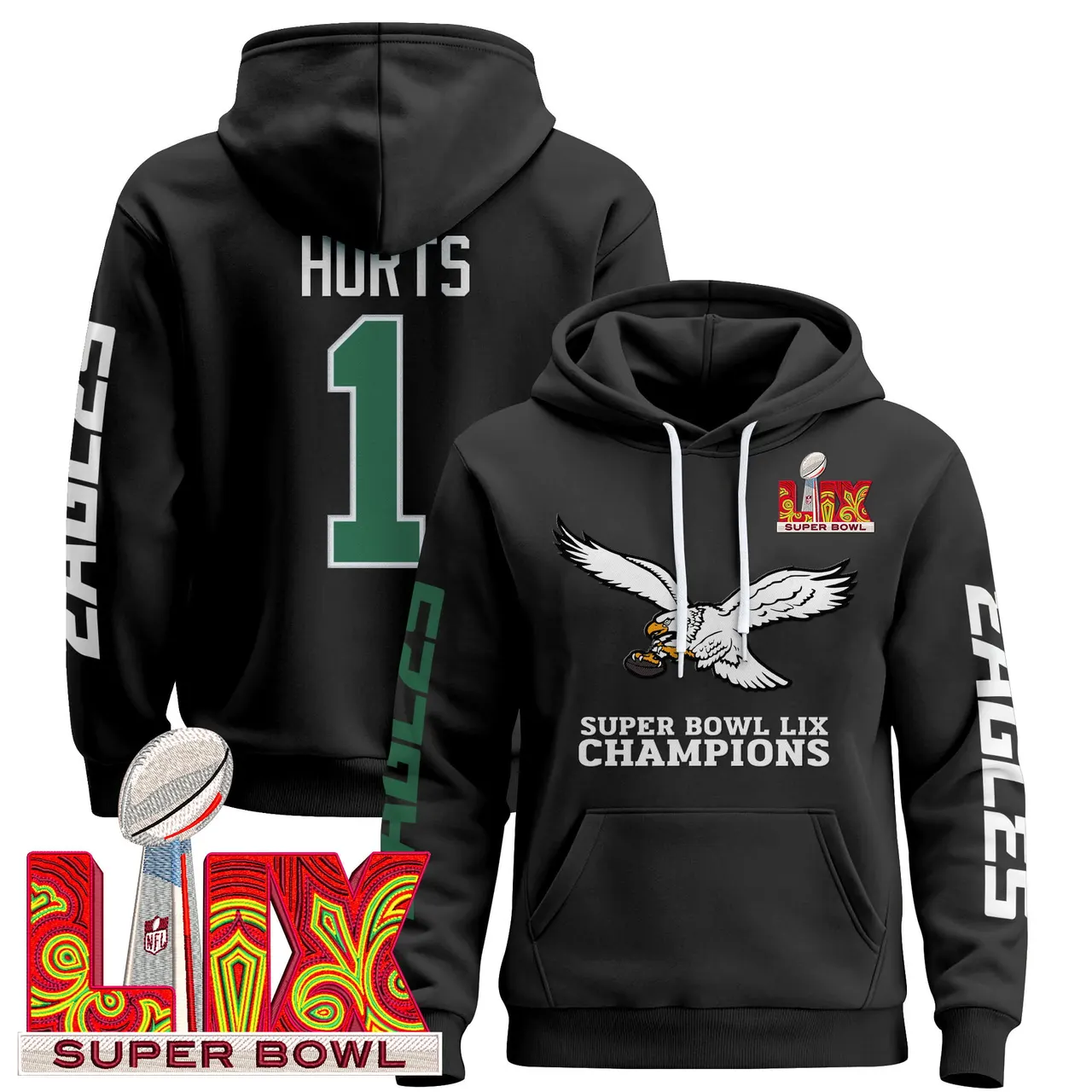 Philadelphia Eagles Nike Super Bowl LIX Patch Pullover Hoodie V6 - Black - Image 2