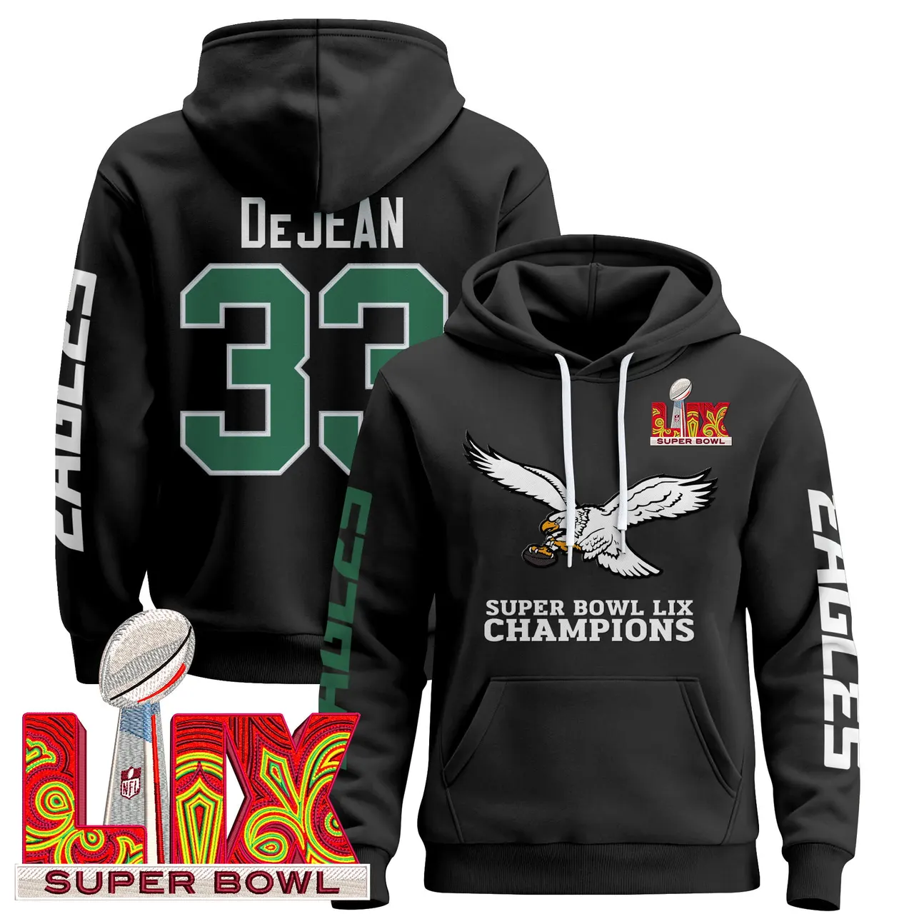 Philadelphia Eagles Nike Super Bowl LIX Patch Pullover Hoodie V6 - Black - Image 3