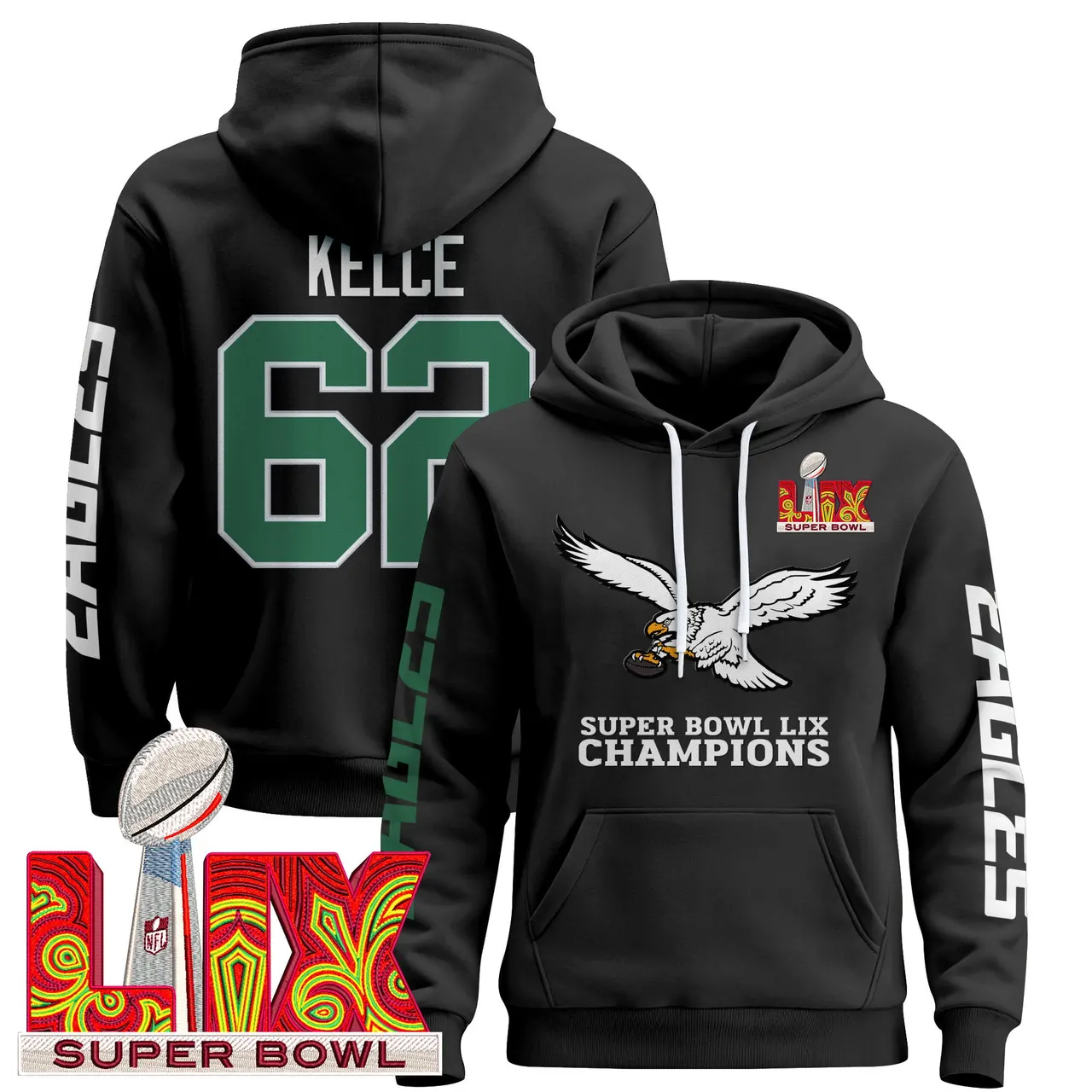 Philadelphia Eagles Nike Super Bowl LIX Patch Pullover Hoodie V6 - Black - Image 7