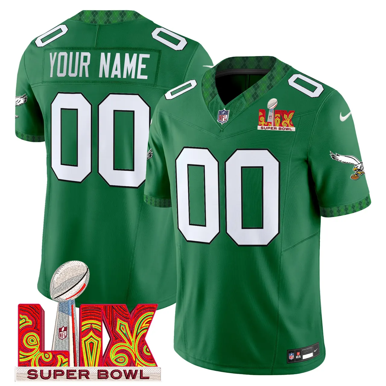 Philadelphia Eagles Nike St. Patrick's Day Super Bowl LIX Patch Vapor Custom Limited Stitched Jersey - White - Image 2