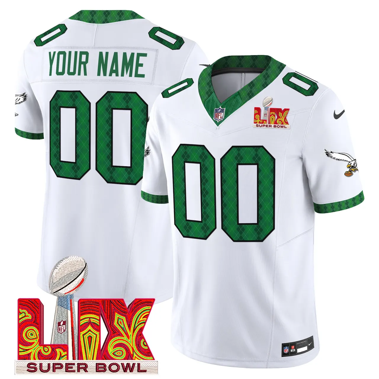 Philadelphia Eagles Nike St. Patrick's Day Super Bowl LIX Patch Vapor Custom Limited Stitched Jersey - White