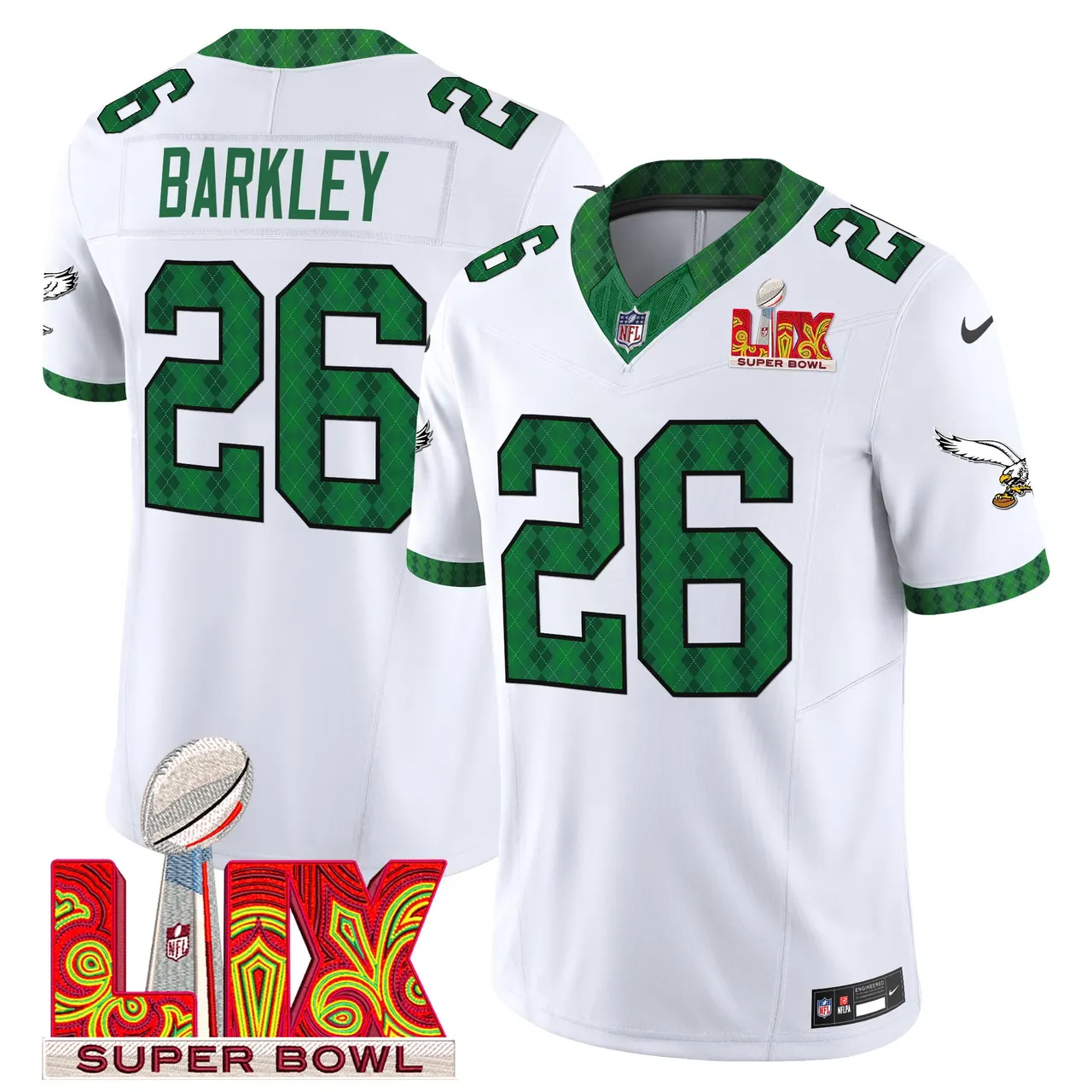 Saquon Barkley Philadelphia Eagles Nike St. Patrick's Day Super Bowl LIX Patch Vapor Limited Stitched Jersey - White