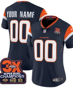 Denver Broncos Nike 3-Time Champions Patch Vapor Custom Limited Stitched Jersey - Time Limited Jersey All Stitched - Navy - Image 8