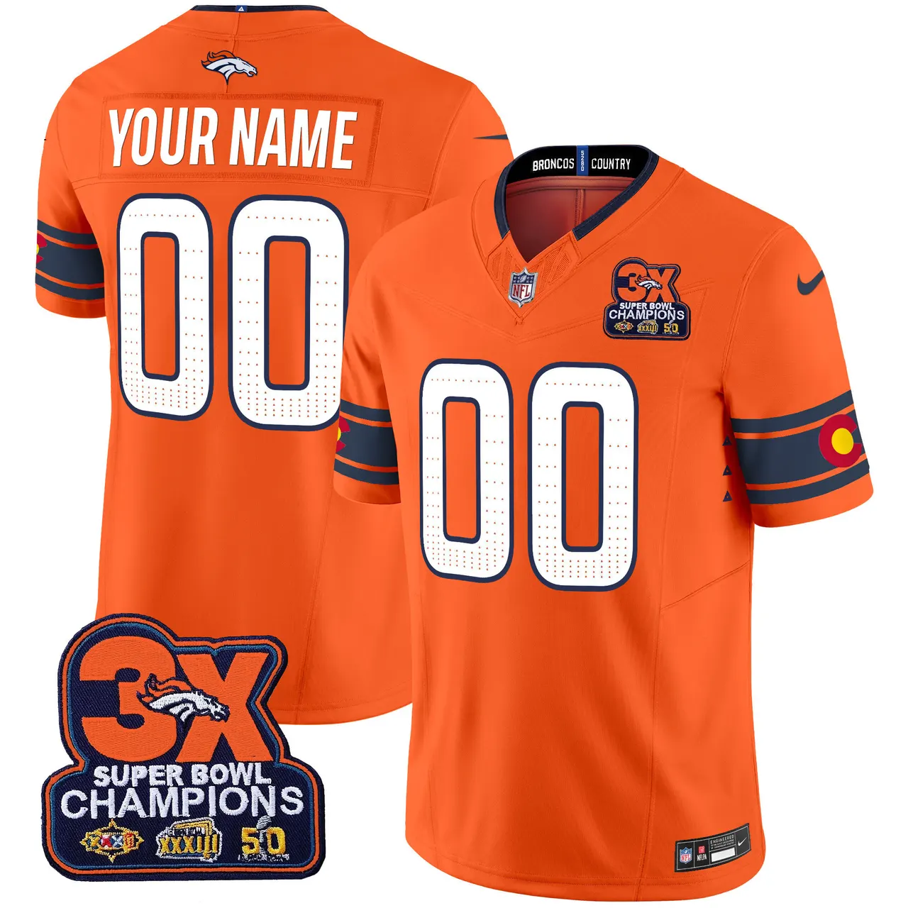 Denver Broncos Nike 3x Patch Colorado Flag Vapor Custom Limited Stitched Jersey - Orange