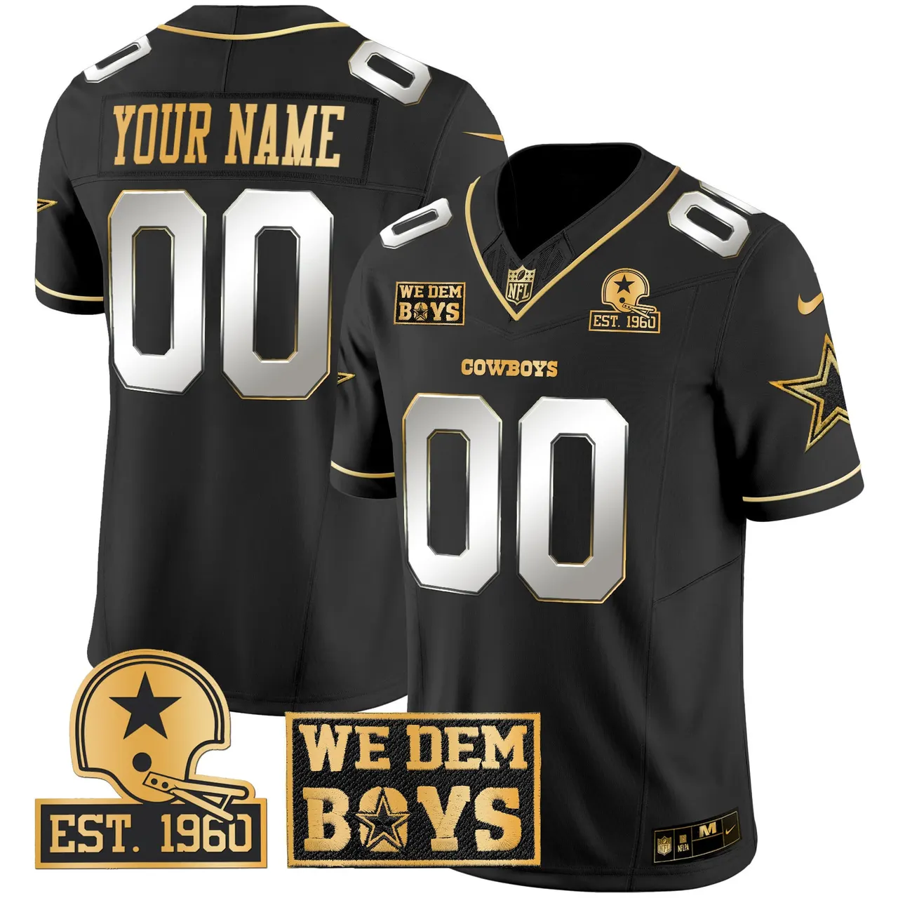 Dallas Cowboys Nike Est. 1960 & We Dem Boyz Patch Gold Vapor Custom Limited Stitched Jersey - Black - Image 2