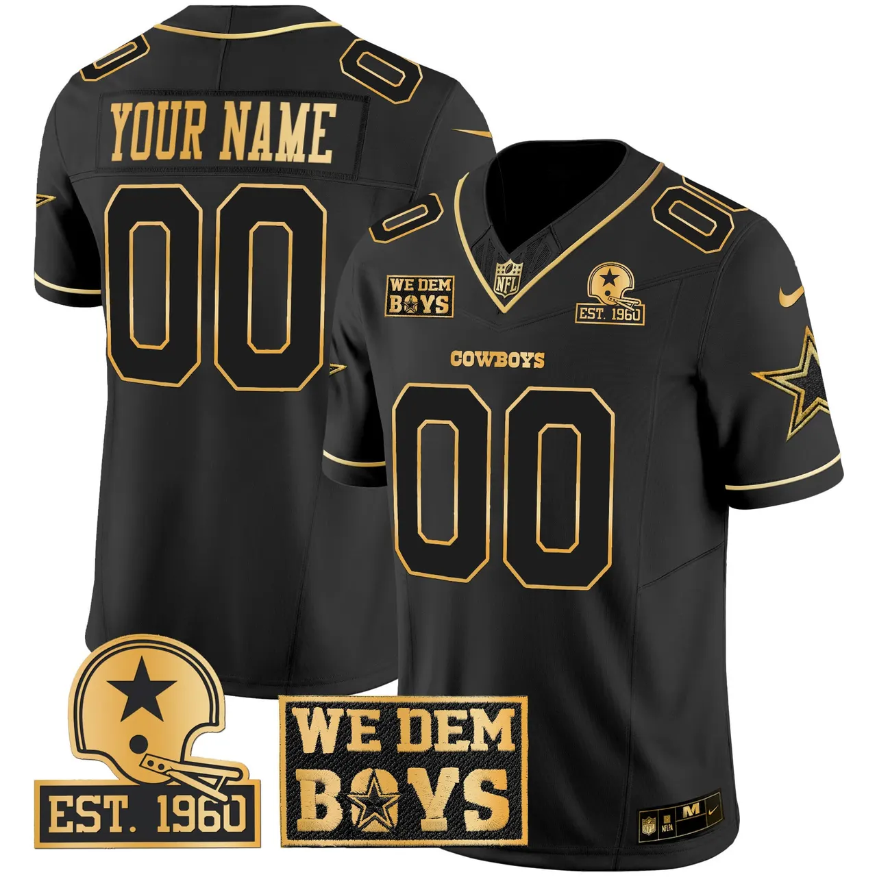 Dallas Cowboys Nike Est. 1960 & We Dem Boyz Patch Gold Vapor Custom Limited Stitched Jersey - Black - Image 3