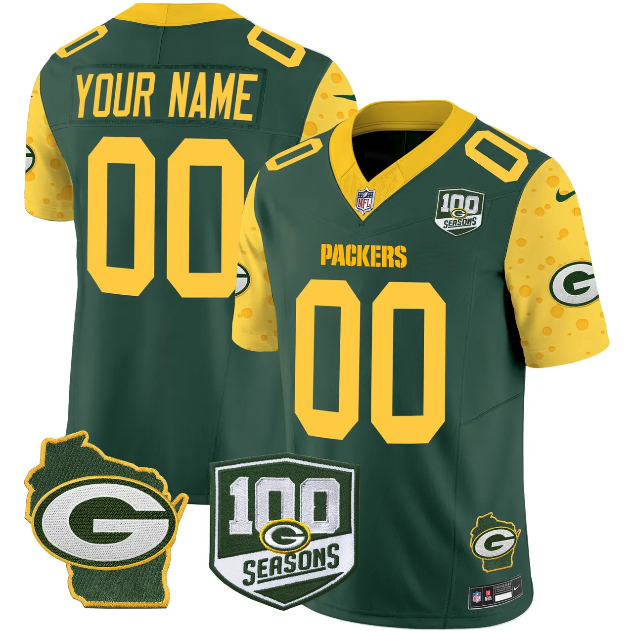 Green Bay Packers Nike Home 100th Season Patch Cheese Vapor Custom Limited Stitched Jersey - Kelly Green